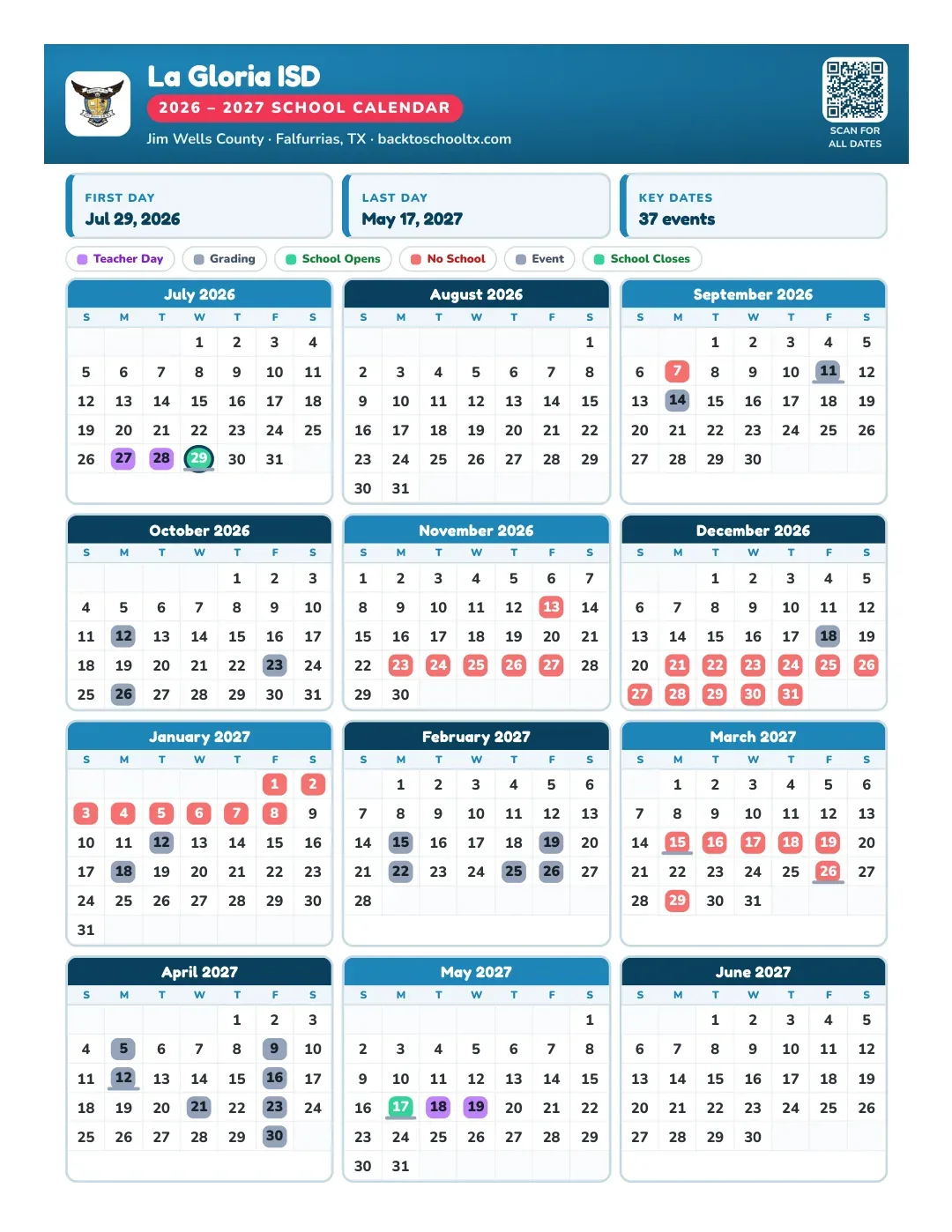 La Gloria ISD Calendar for the Year 26-27