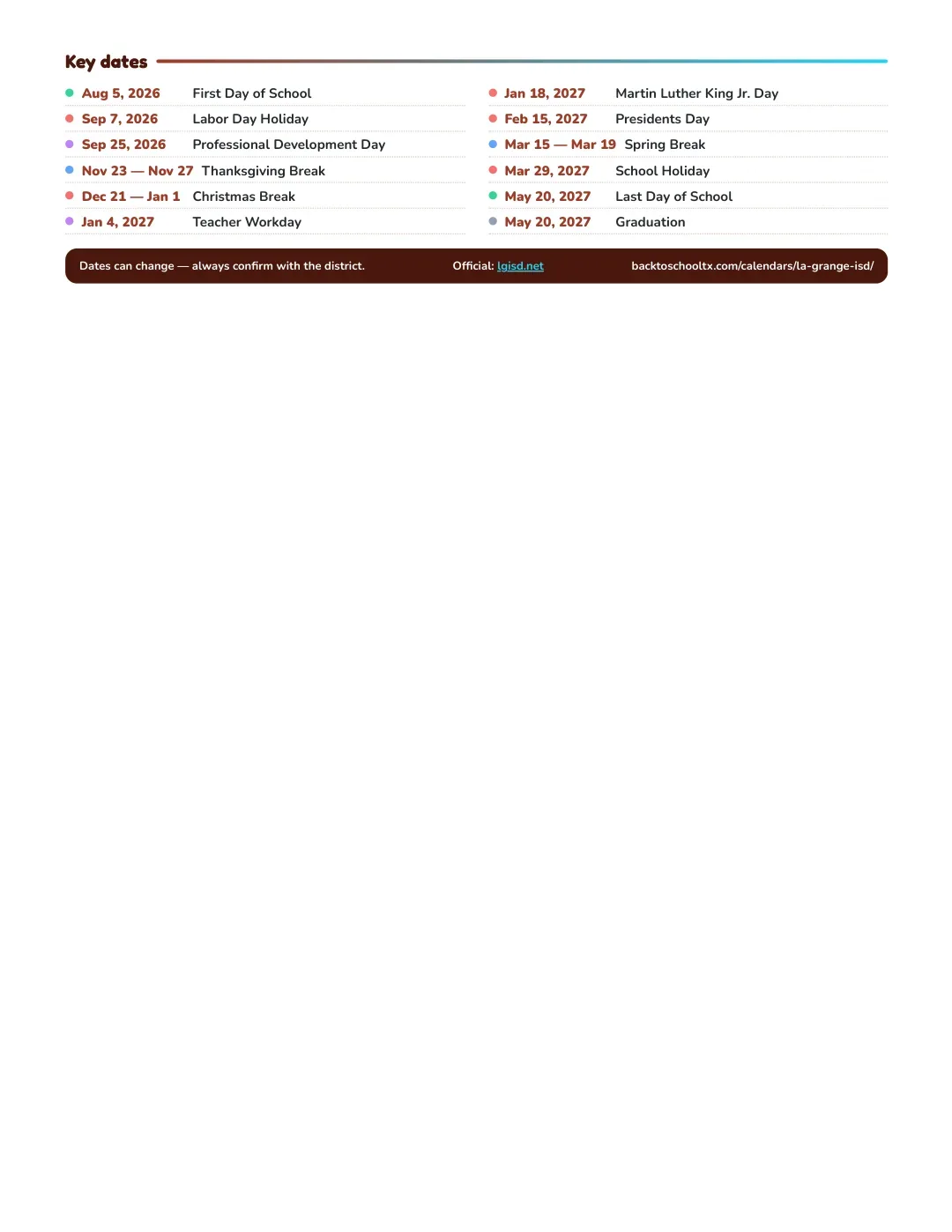 La Grange ISD Calendar for the Year 26-27 — key dates