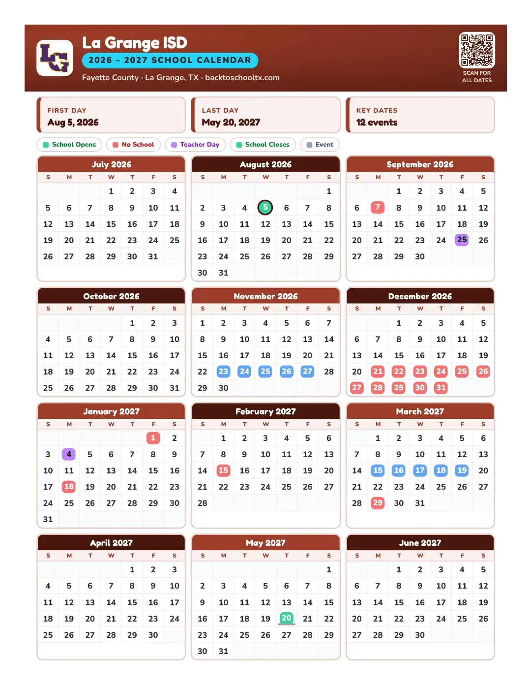 La Grange ISD Calendar for the Year 26-27