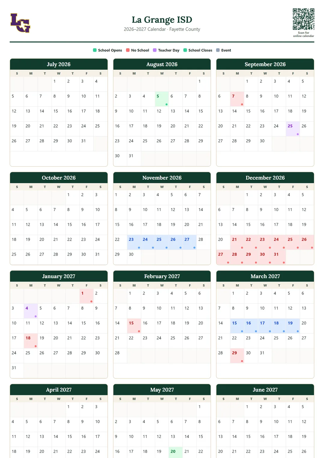 La Grange ISD printable 2026–2027 calendar