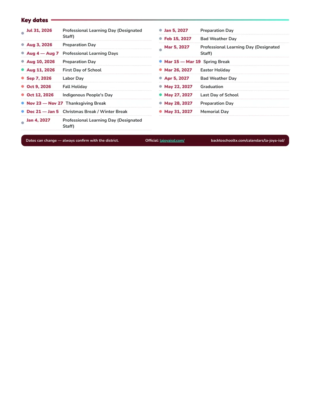 La Joya ISD Calendar for the Year 26-27 — key dates