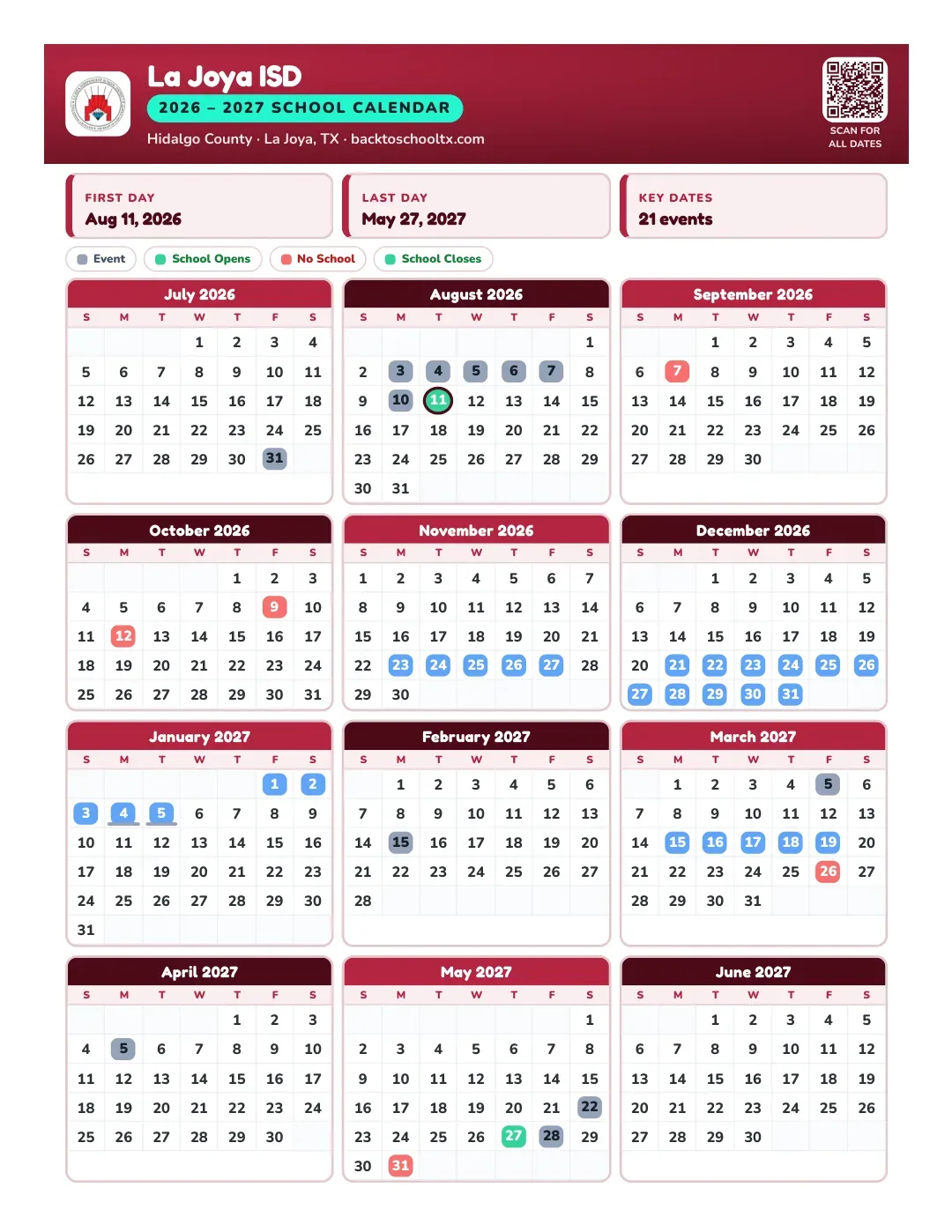 La Joya ISD Calendar for the Year 26-27