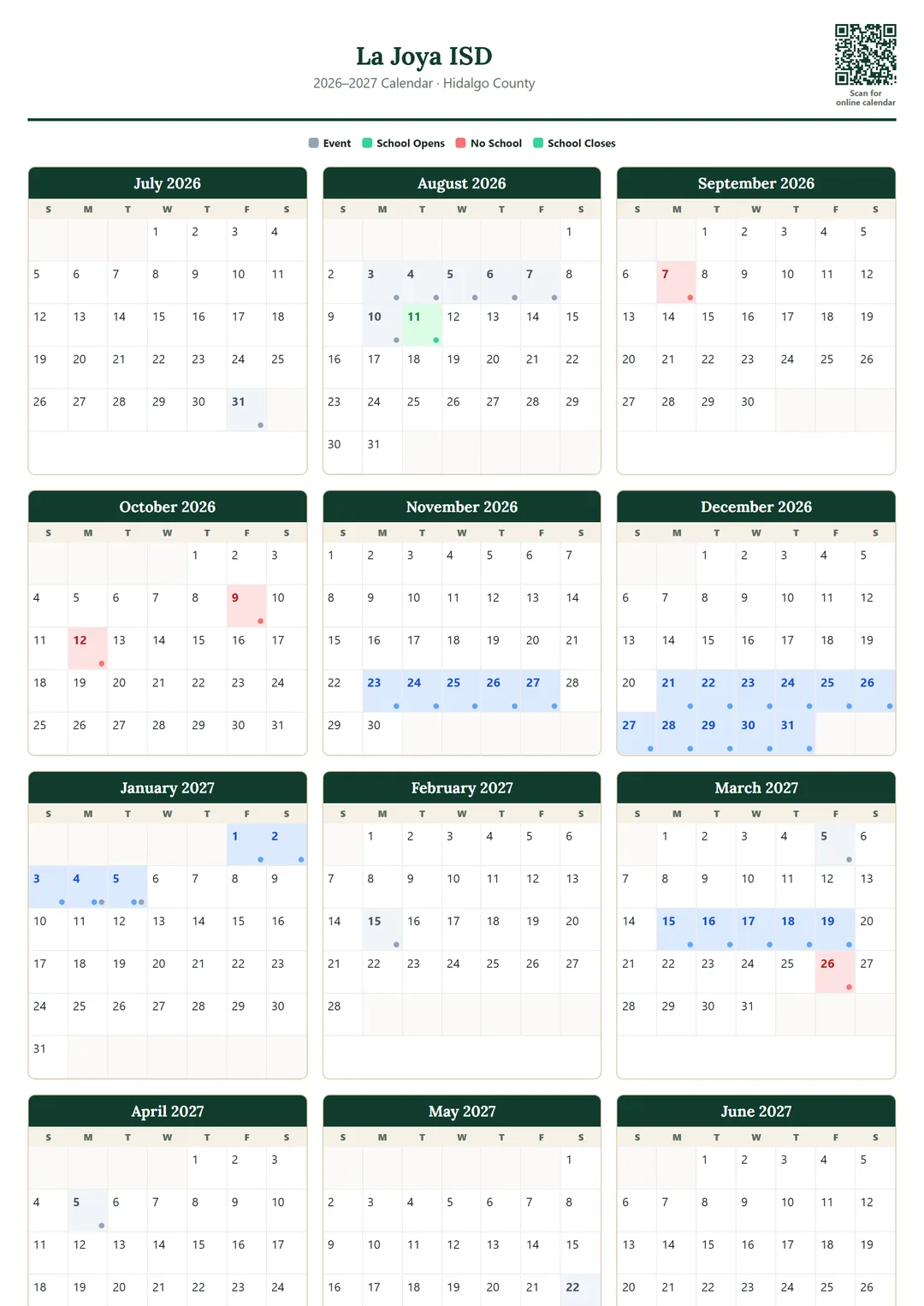La Joya ISD printable 2026–2027 calendar