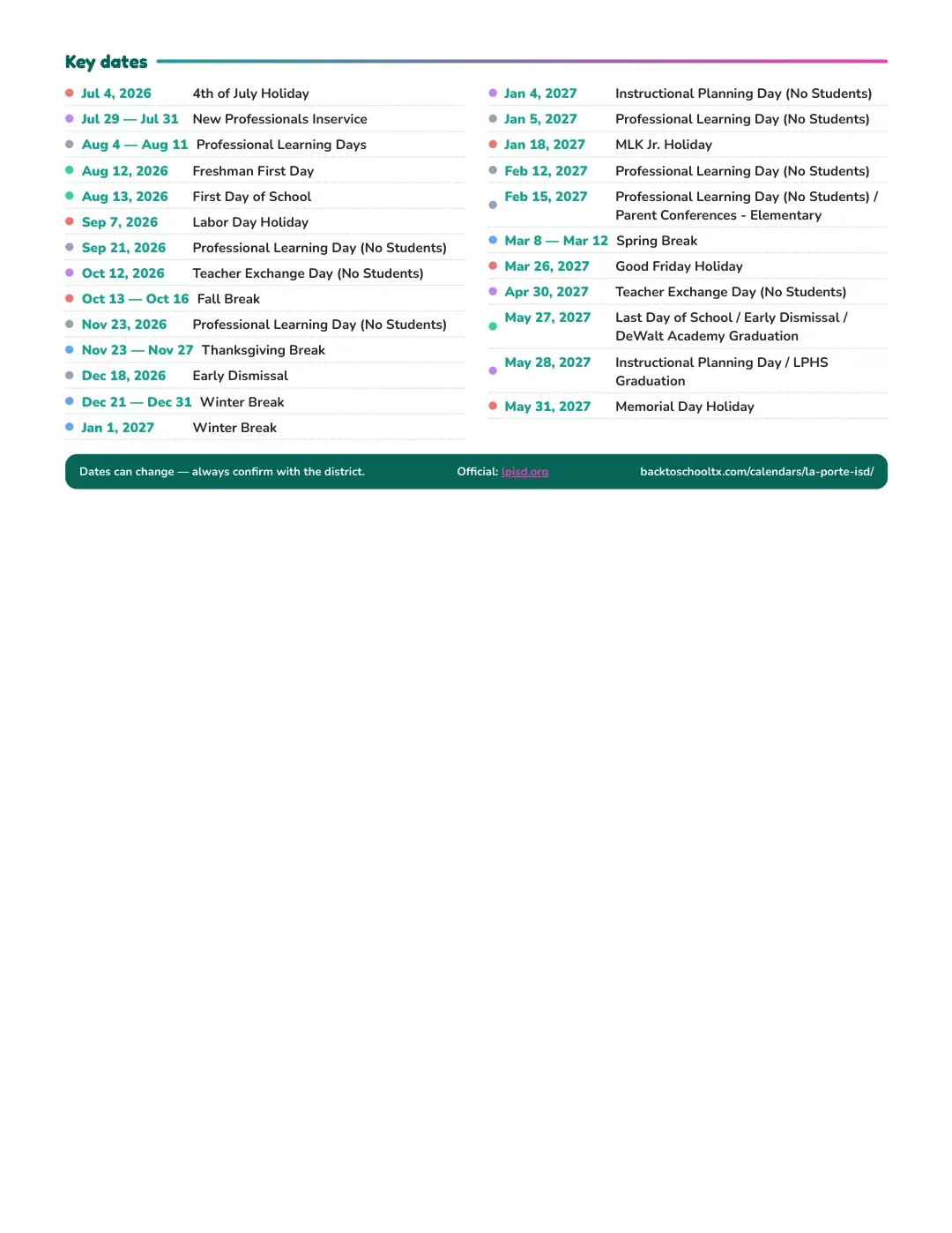 La Porte ISD Calendar for the Year 26-27 — key dates