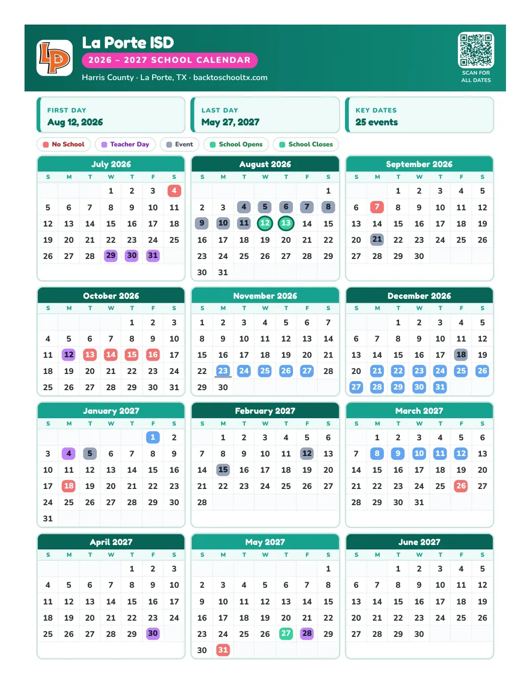 La Porte ISD Calendar for the Year 26-27