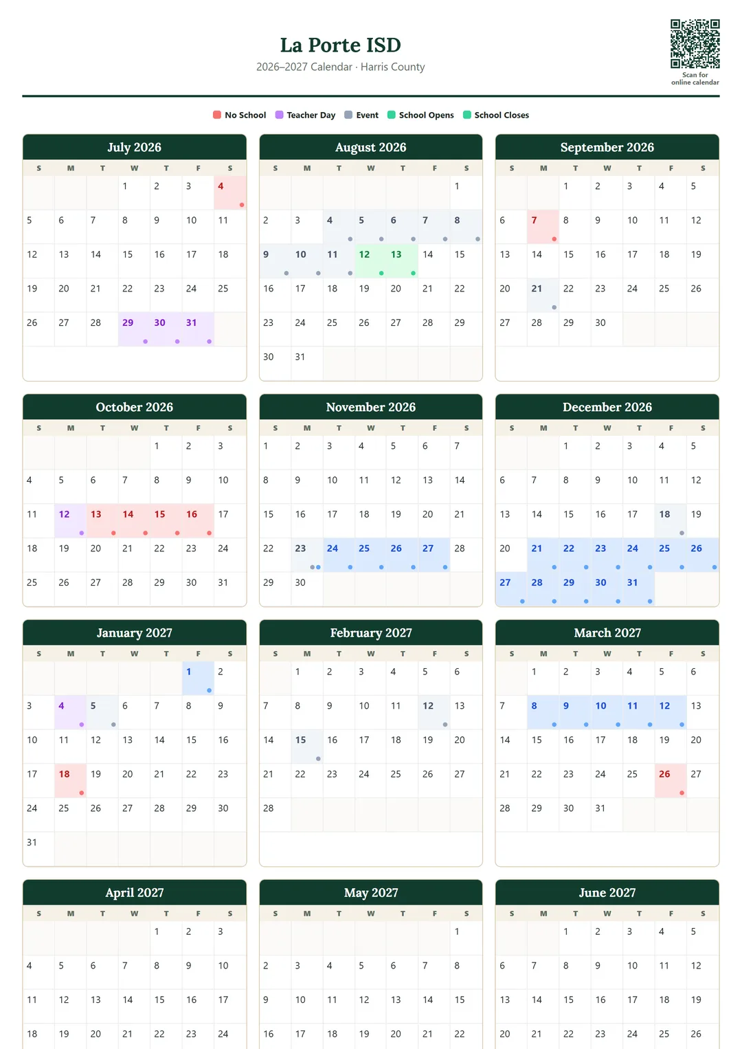 La Porte ISD printable 2026–2027 calendar