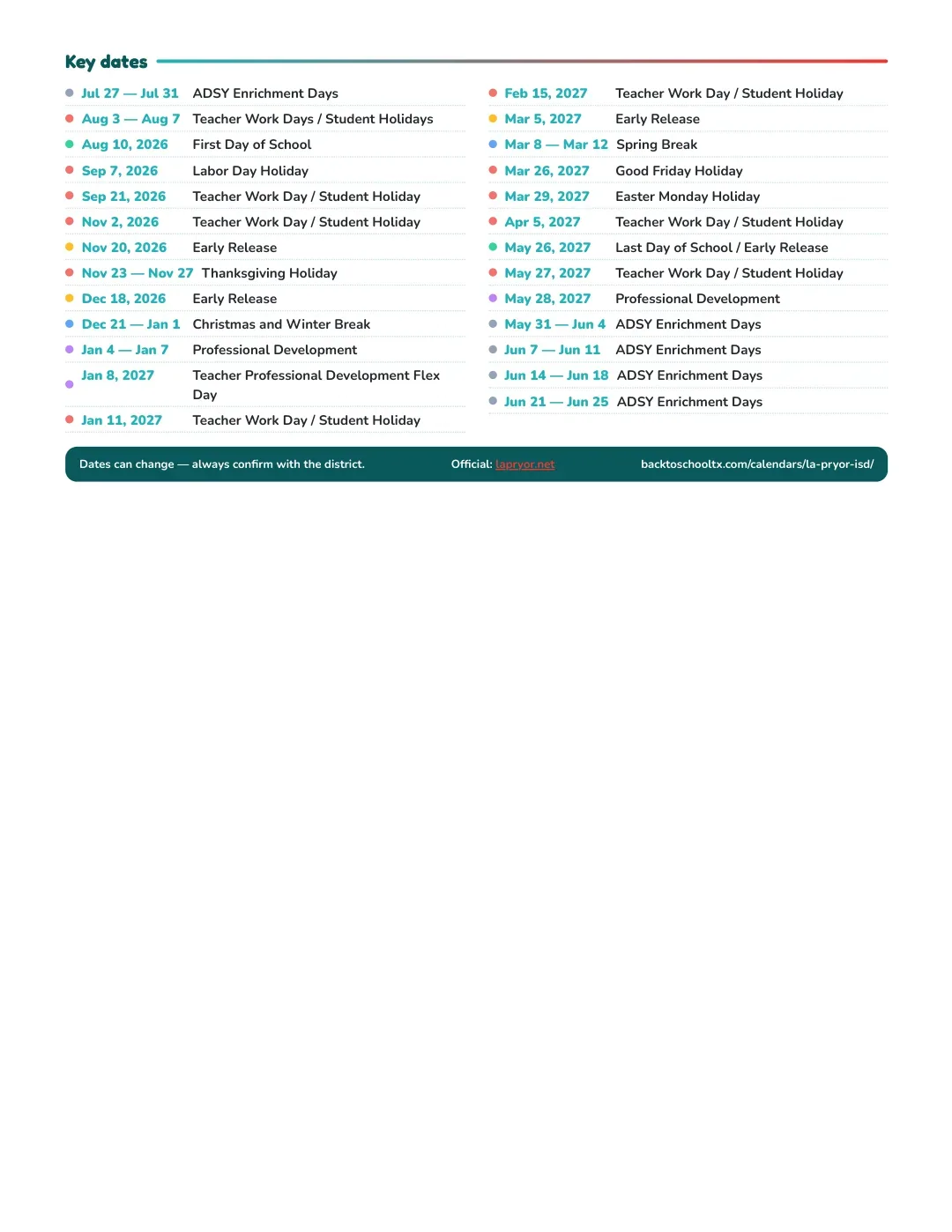 La Pryor ISD Calendar for the Year 26-27 — key dates