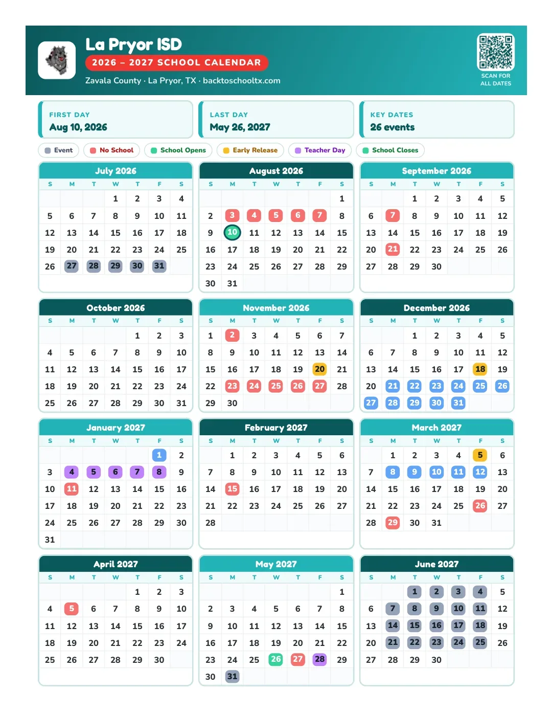 La Pryor ISD Calendar for the Year 26-27