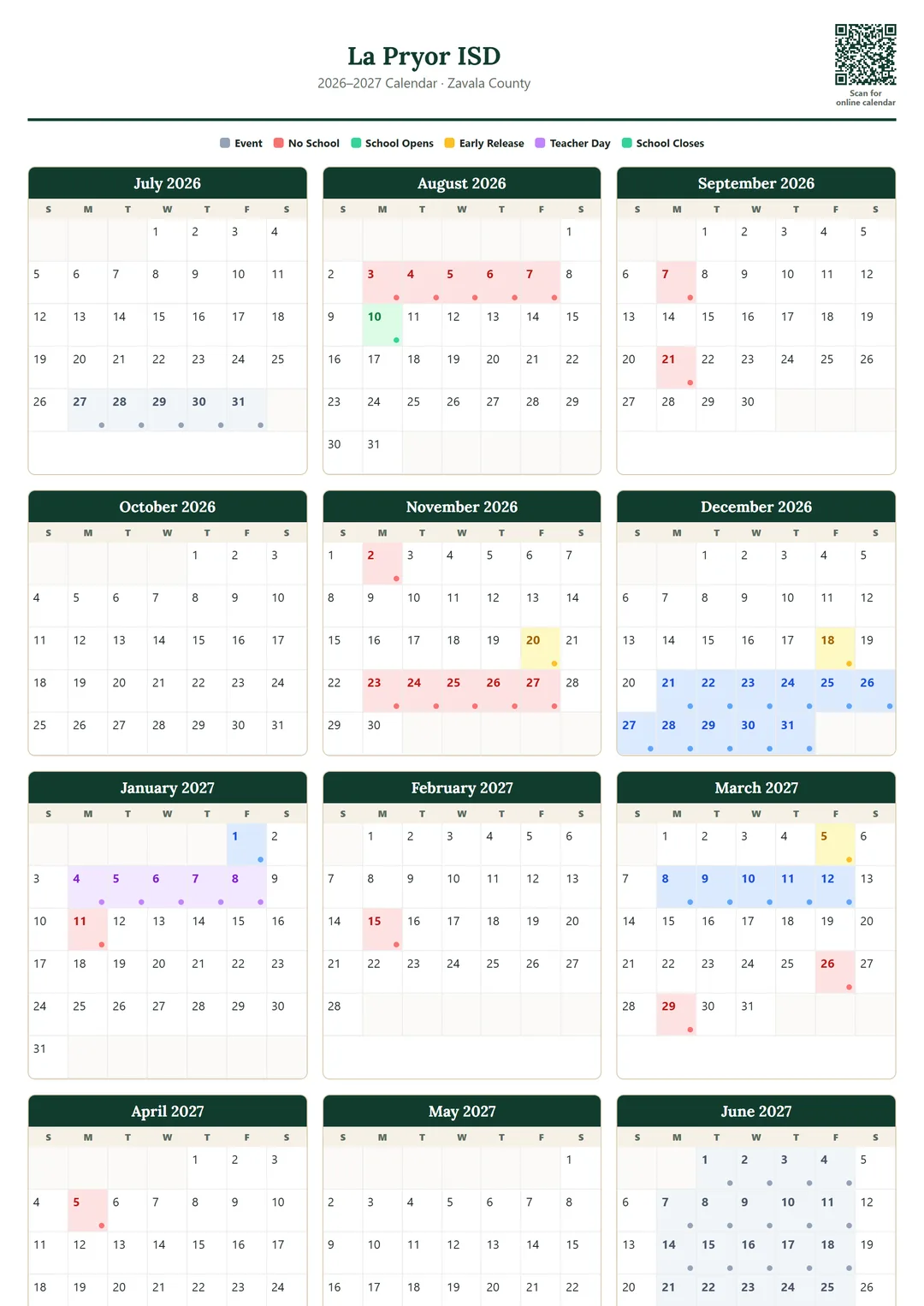La Pryor ISD printable 2026–2027 calendar