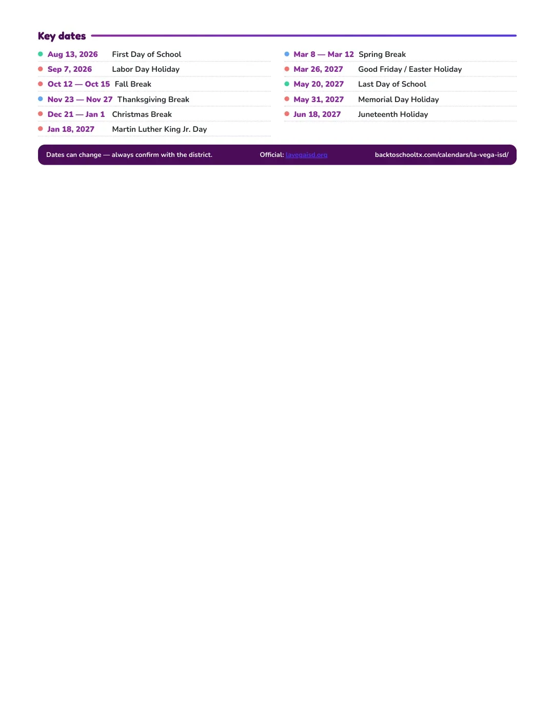 La Vega ISD Calendar for the Year 26-27 — key dates