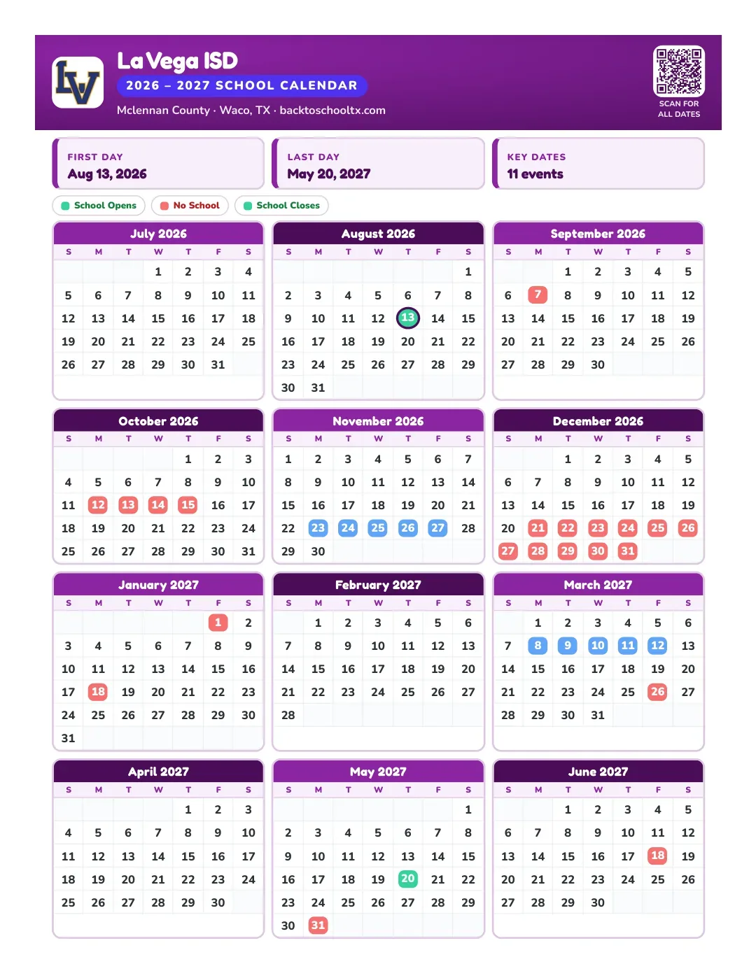La Vega ISD Calendar for the Year 26-27