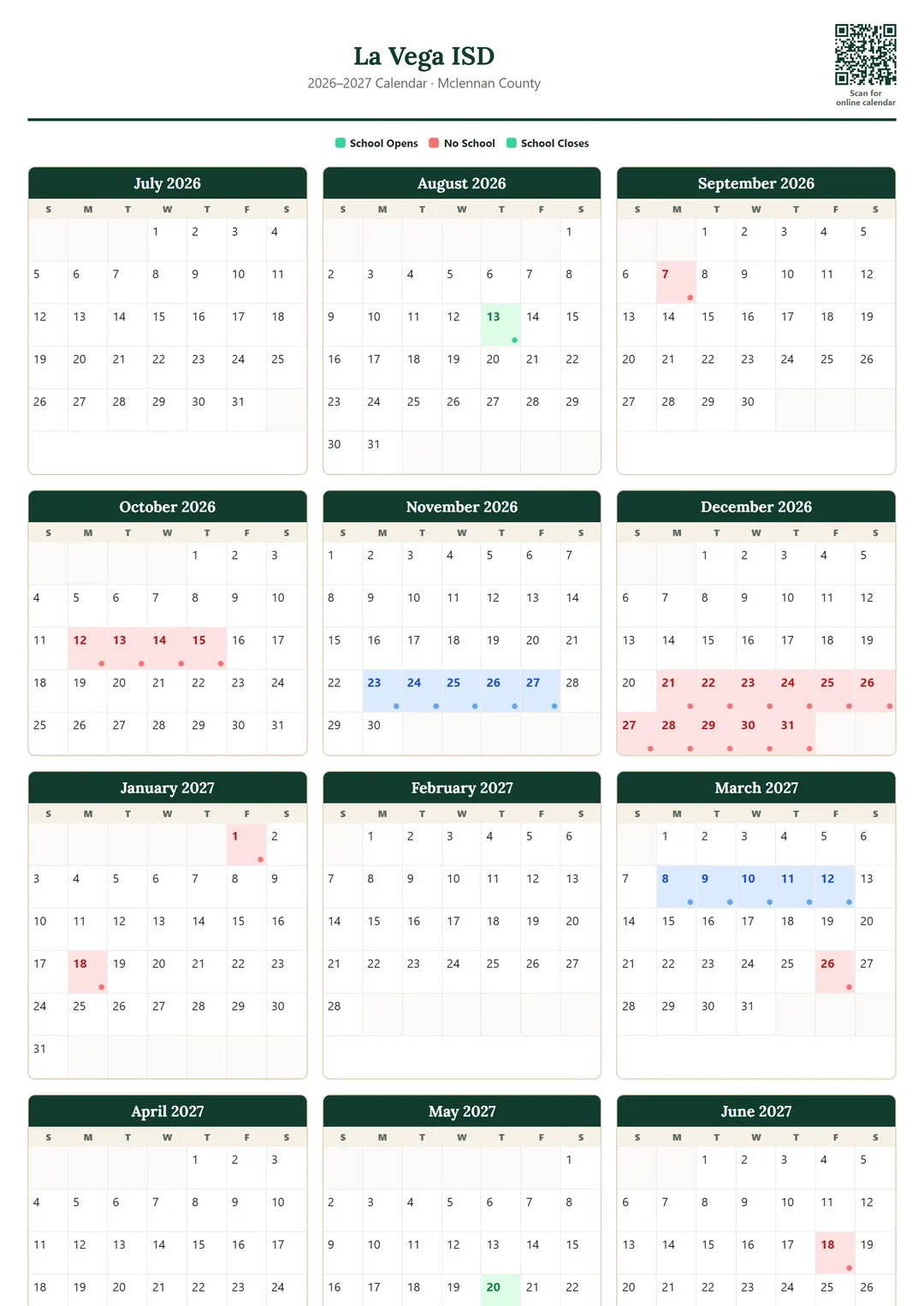La Vega ISD printable 2026–2027 calendar