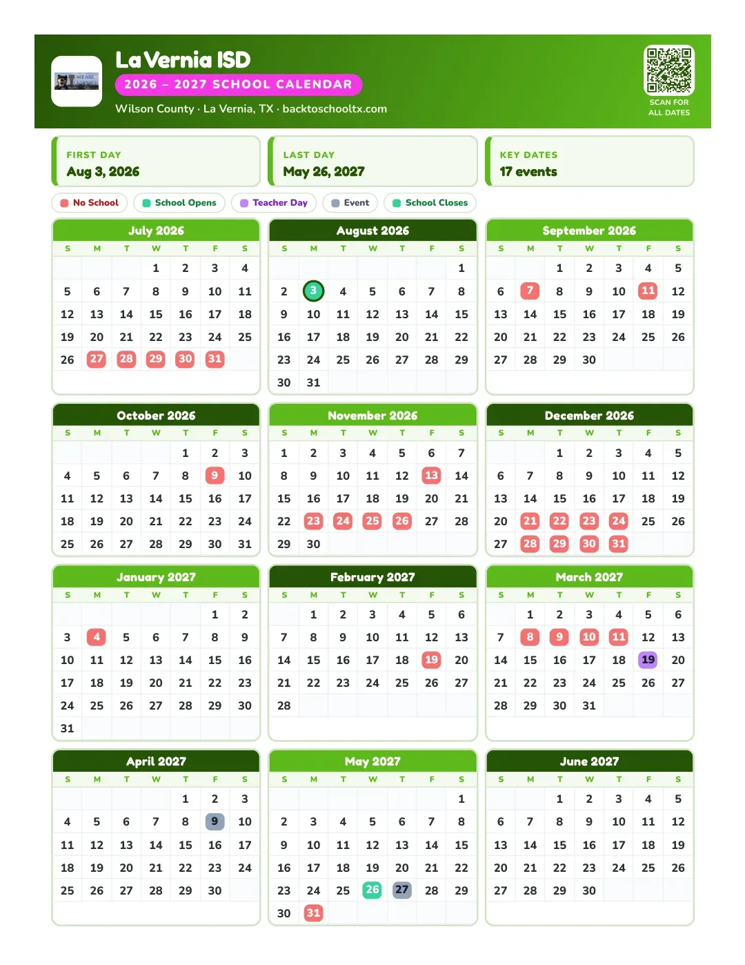 La Vernia ISD Calendar for the Year 26-27