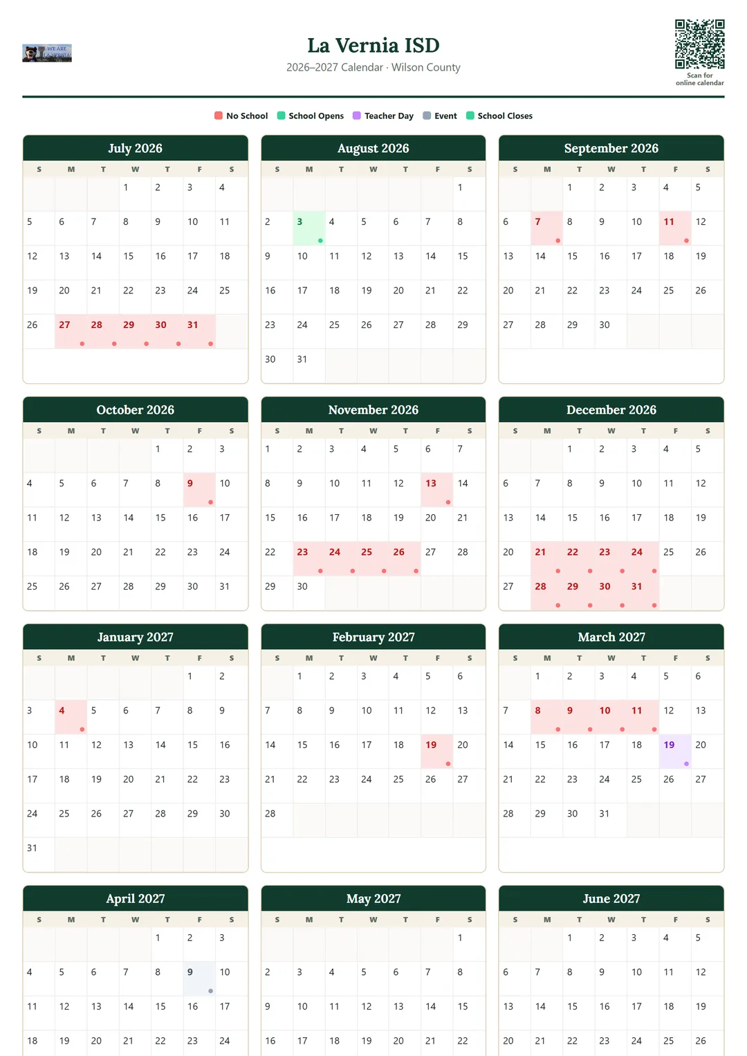 La Vernia ISD printable 2026–2027 calendar