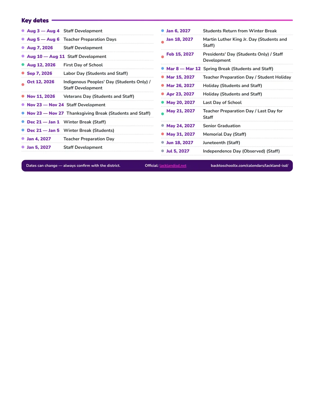 Lackland ISD Calendar for the Year 26-27 — key dates