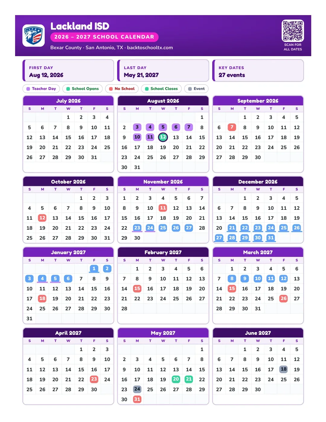 Lackland ISD Calendar for the Year 26-27