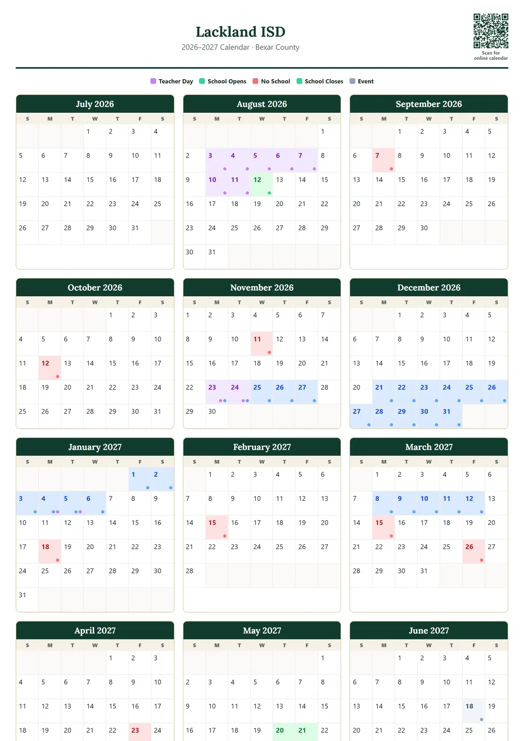 Lackland ISD printable 2026–2027 calendar