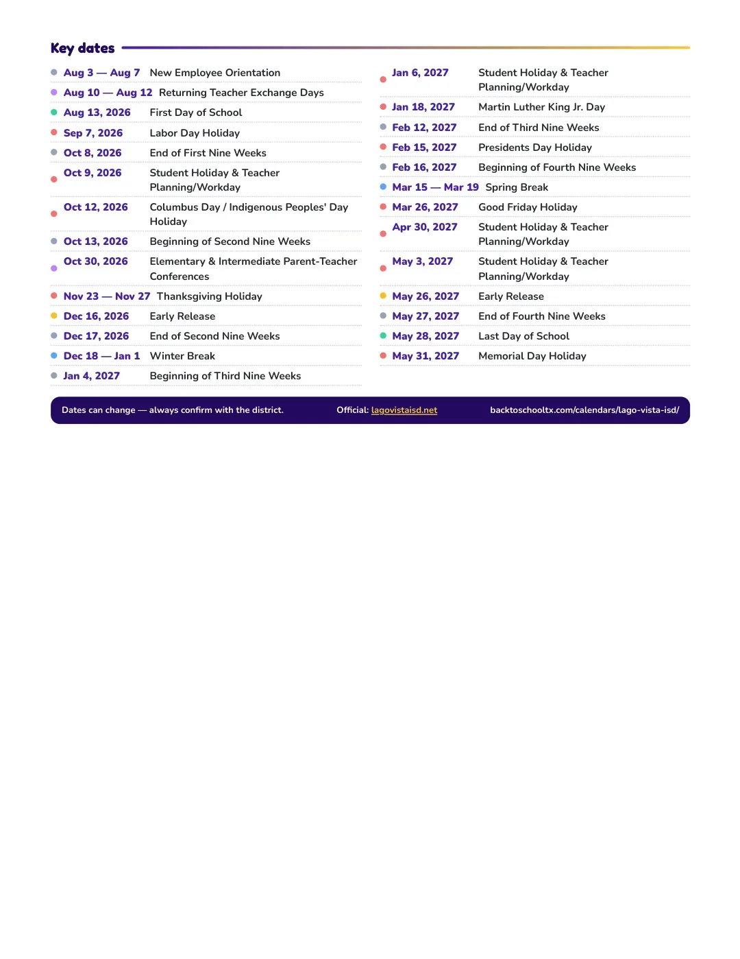 Lago Vista ISD Calendar for the Year 26-27 — key dates