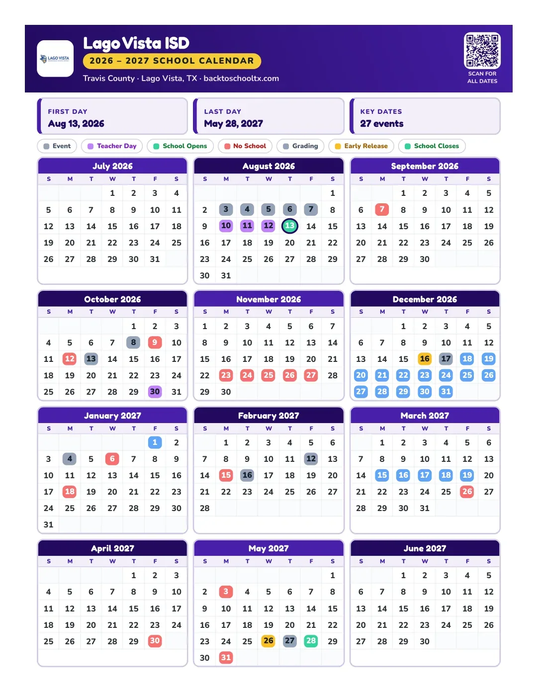 Lago Vista ISD Calendar for the Year 26-27