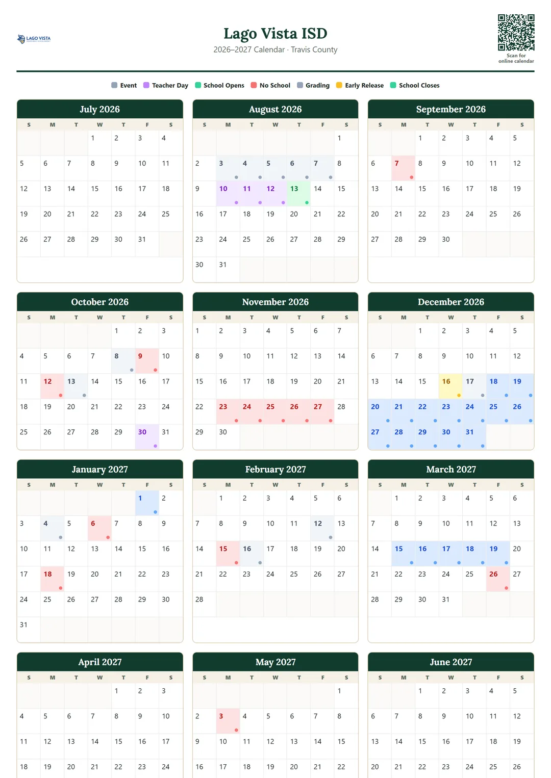Lago Vista ISD printable 2026–2027 calendar