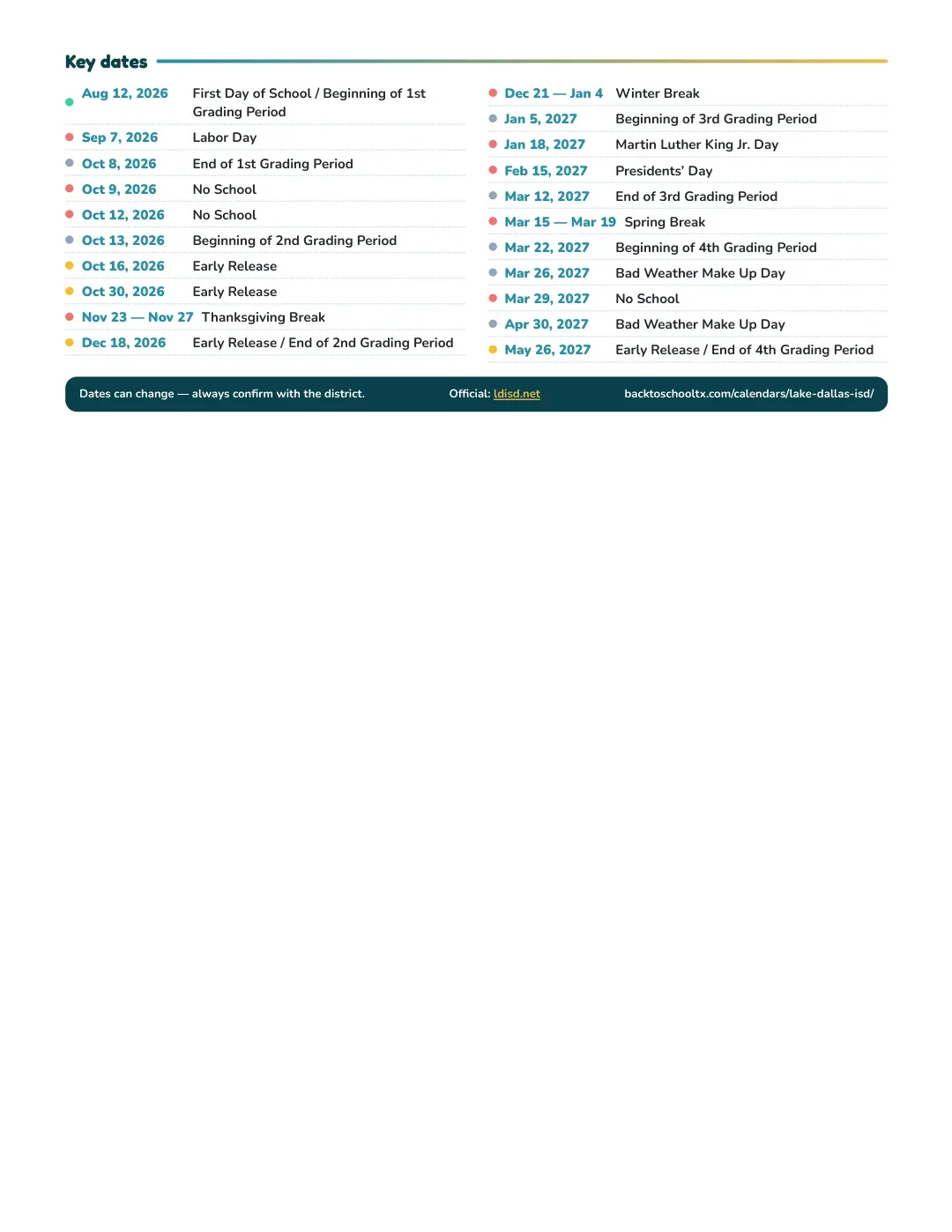 Lake Dallas ISD Calendar for the Year 26-27 — key dates