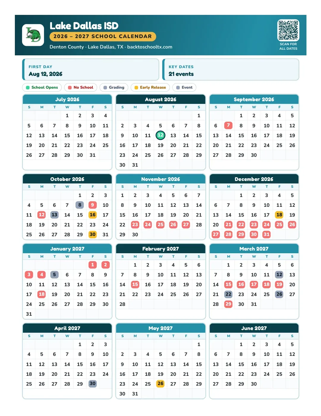 Lake Dallas ISD Calendar for the Year 26-27
