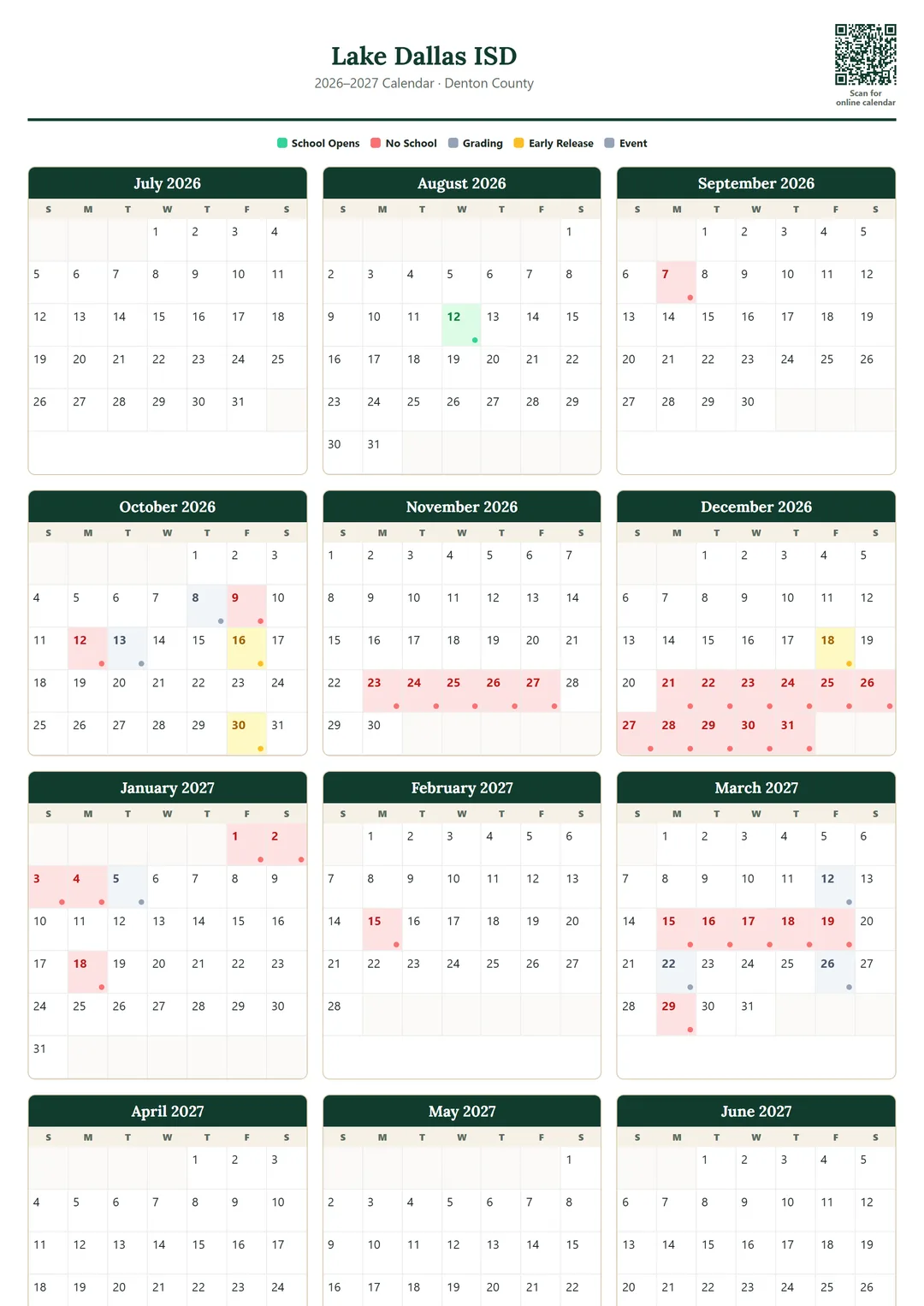 Lake Dallas ISD printable 2026–2027 calendar