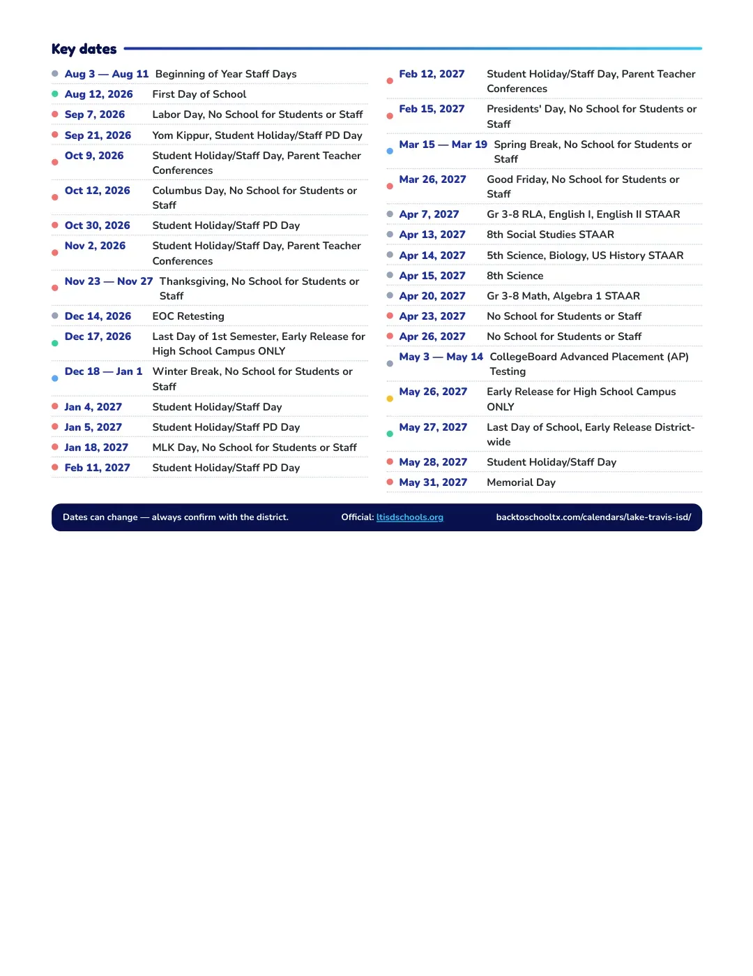 Lake Travis ISD Calendar for the Year 26-27 — key dates
