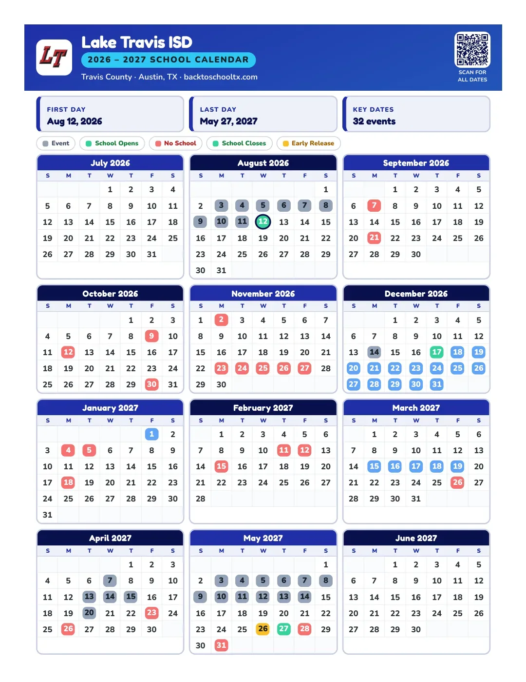 Lake Travis ISD Calendar for the Year 26-27