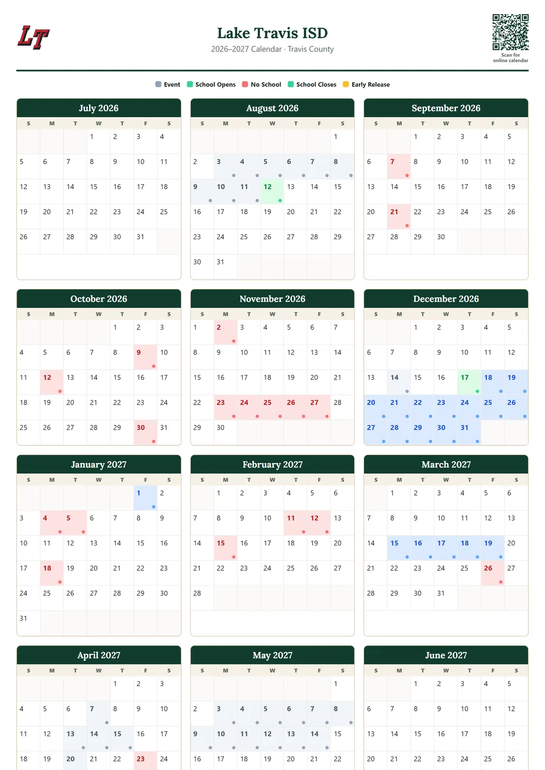 Lake Travis ISD printable 2026–2027 calendar
