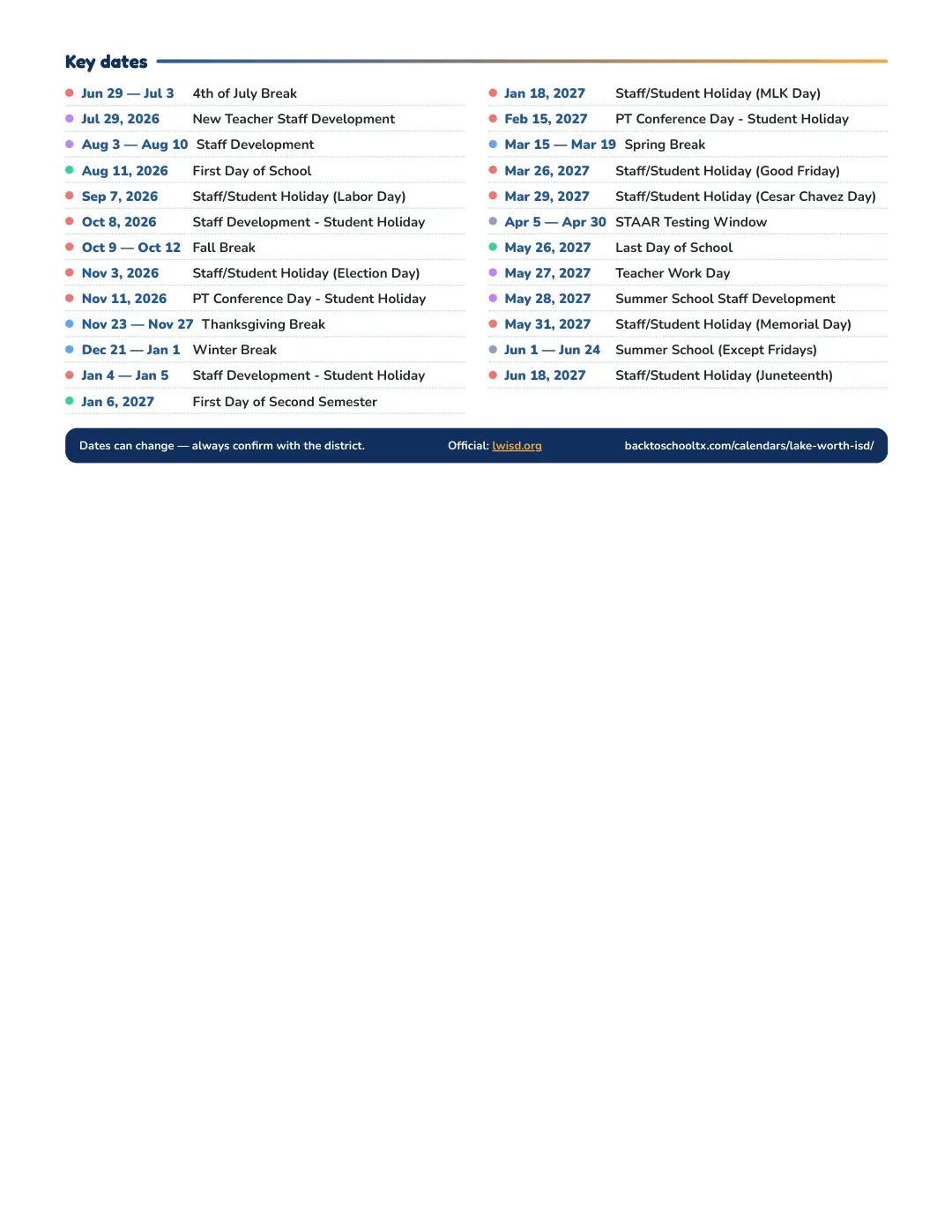 Lake Worth ISD Calendar for the Year 26-27 — key dates