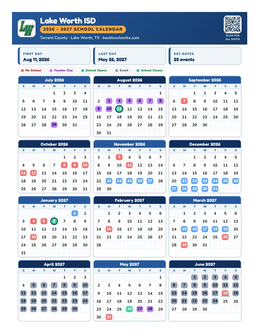 Lake Worth ISD Calendar for the Year 26-27