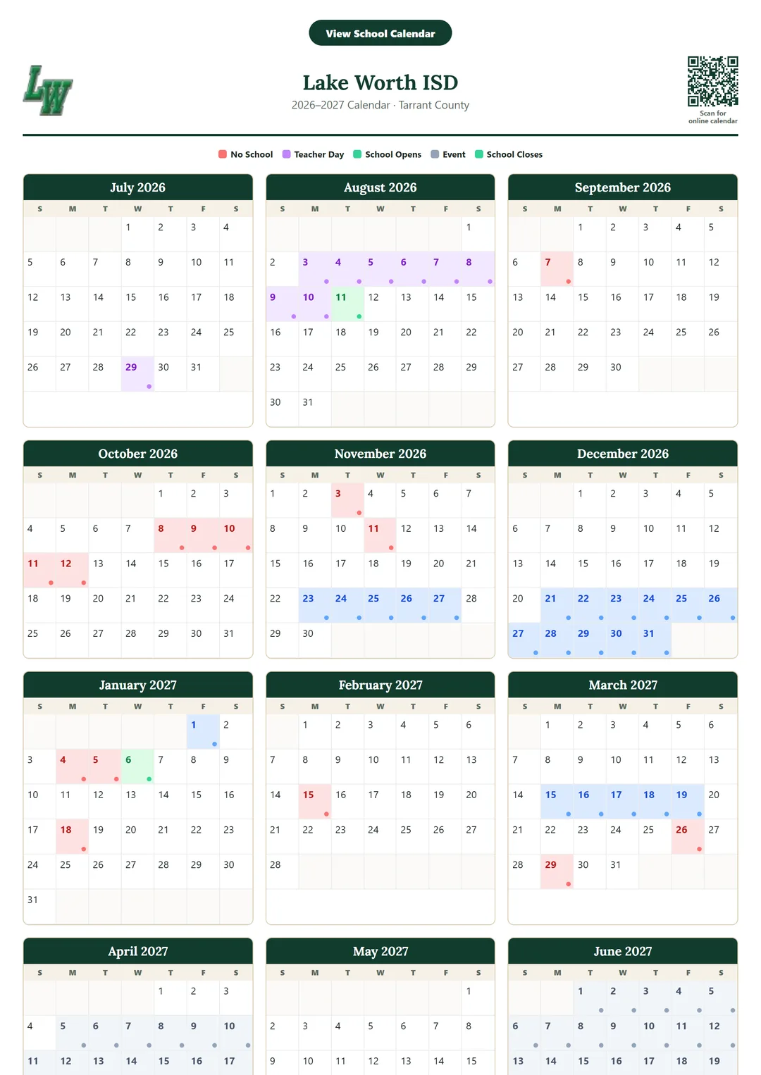 Lake Worth ISD printable 2026–2027 calendar