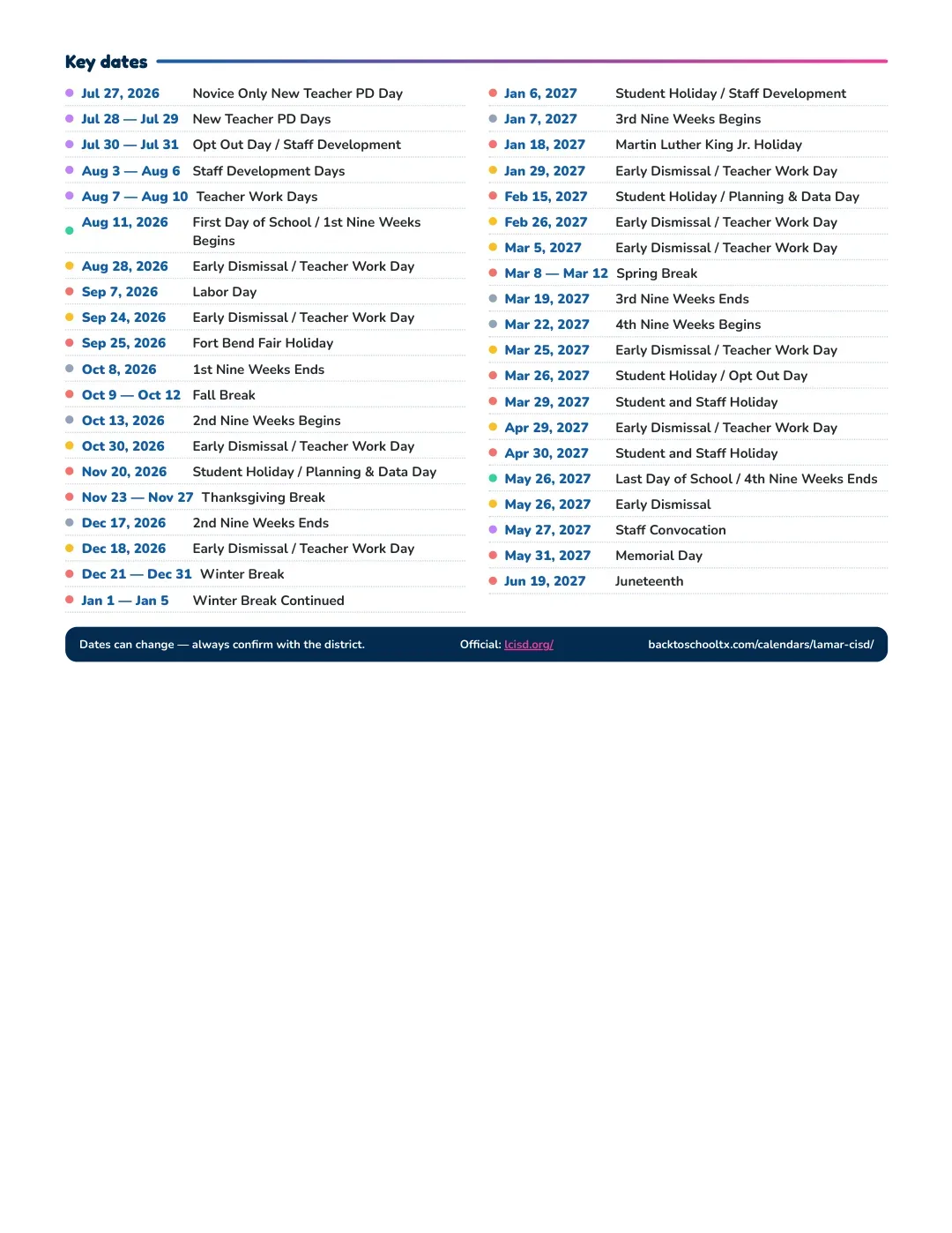 Lamar CISD Calendar for the Year 26-27 — key dates