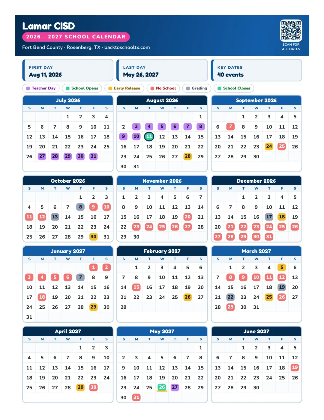 Lamar CISD Calendar for the Year 26-27