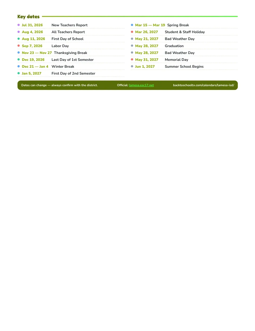 Lamesa ISD Calendar for the Year 26-27 — key dates