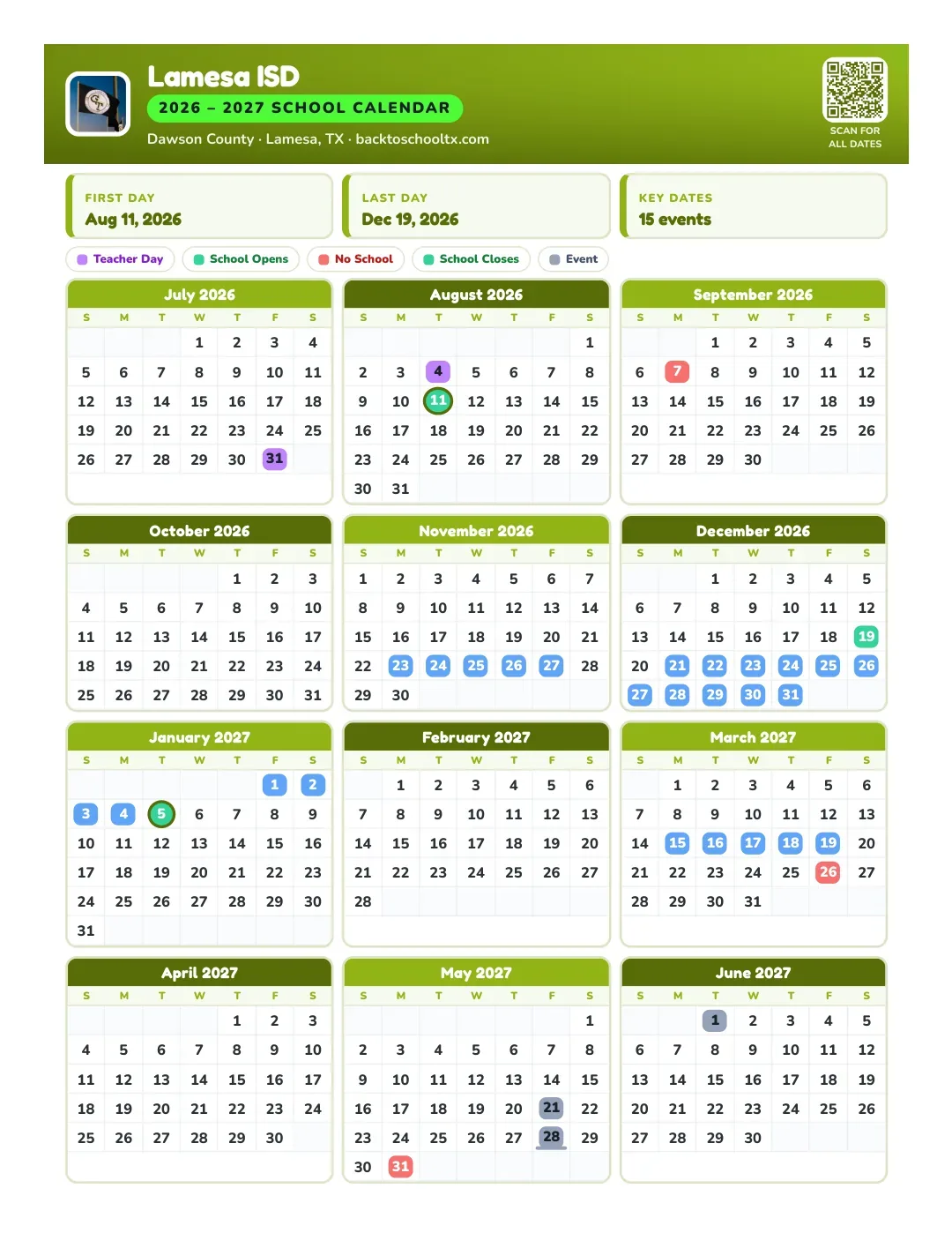 Lamesa ISD Calendar for the Year 26-27