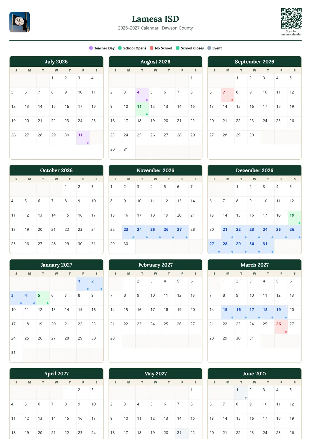 Lamesa ISD printable 2026–2027 calendar