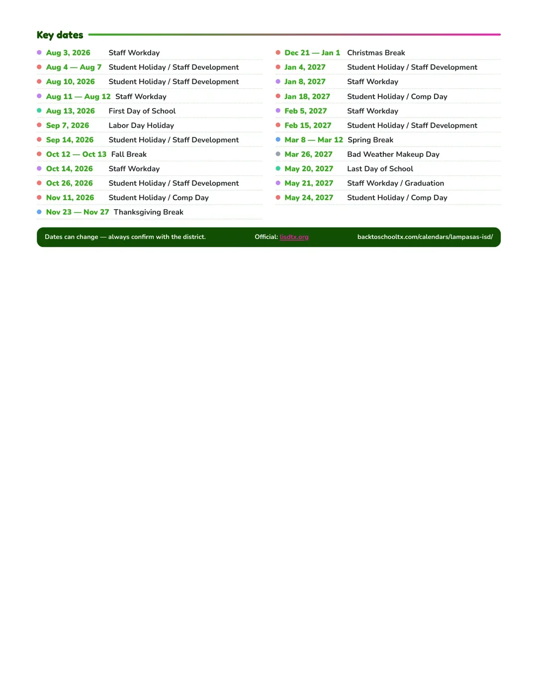 Lampasas ISD Calendar for the Year 26-27 — key dates