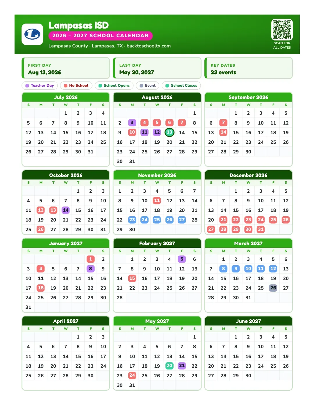 Lampasas ISD Calendar for the Year 26-27