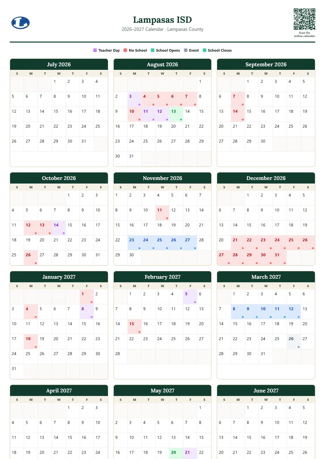 Lampasas ISD printable 2026–2027 calendar
