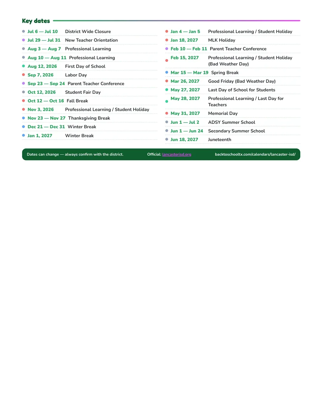 Lancaster ISD Calendar for the Year 26-27 — key dates