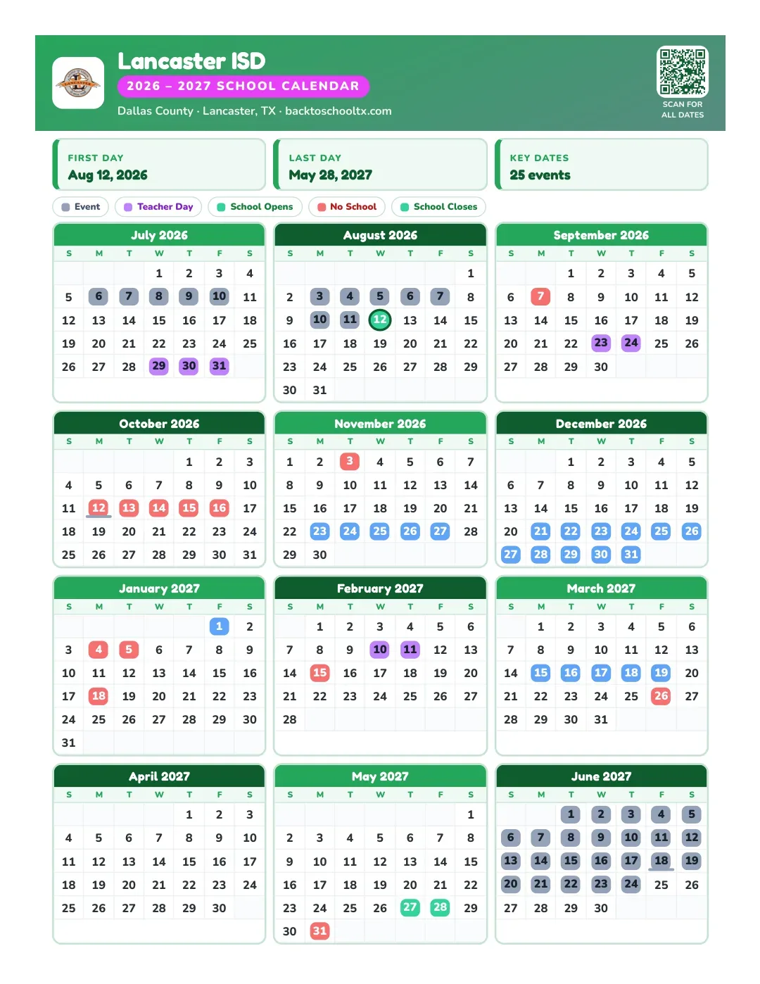 Lancaster ISD Calendar for the Year 26-27