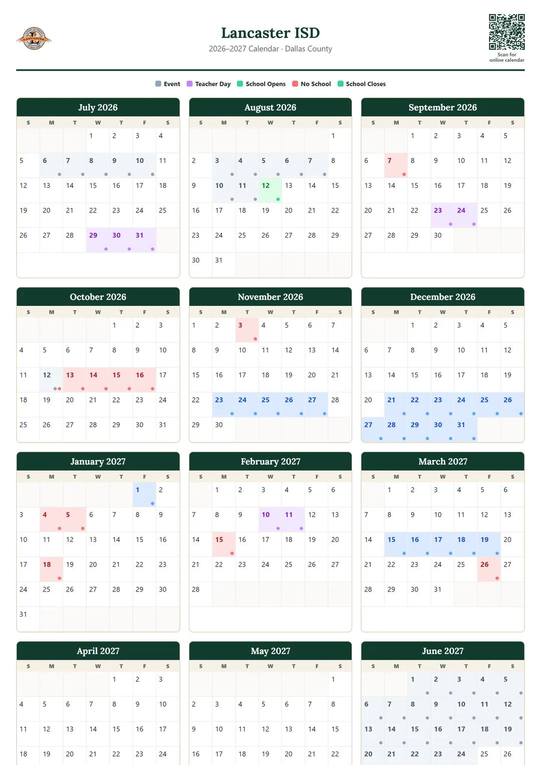 Lancaster ISD printable 2026–2027 calendar