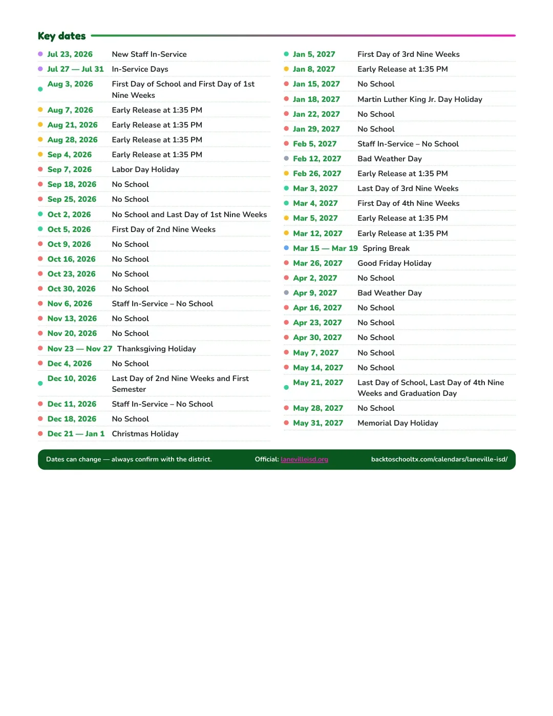 Laneville ISD Calendar for the Year 26-27 — key dates