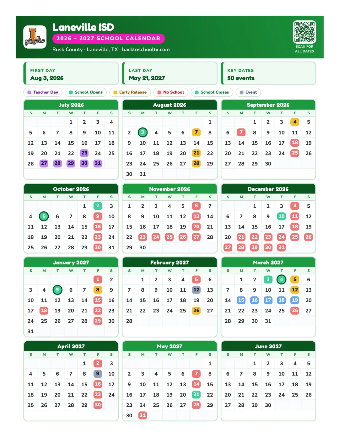 Laneville ISD Calendar for the Year 26-27