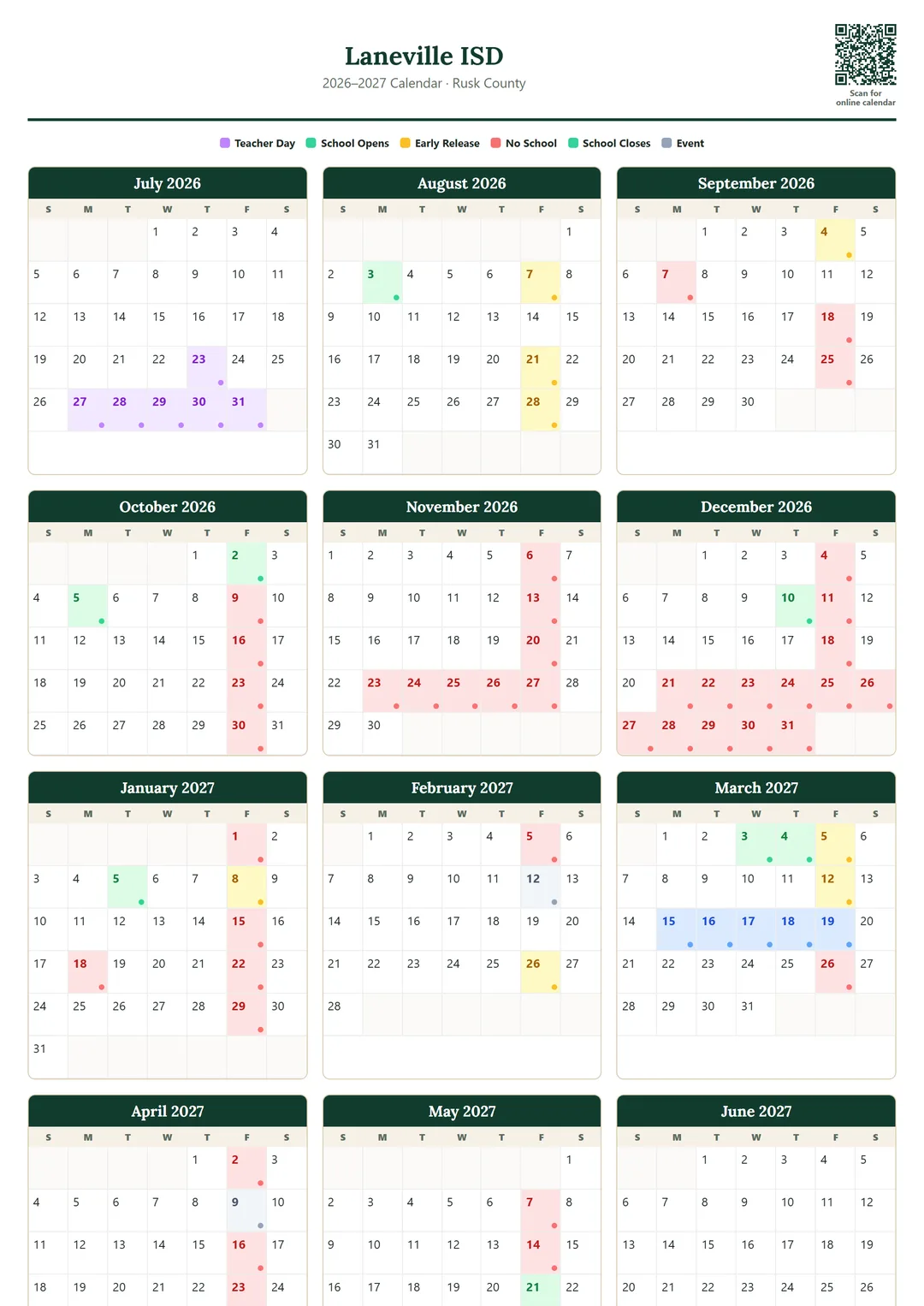 Laneville ISD printable 2026–2027 calendar