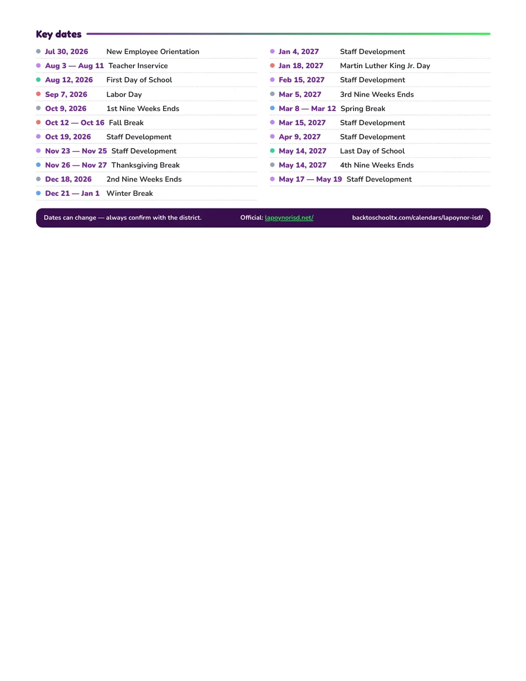 Lapoynor ISD Calendar for the Year 26-27 — key dates