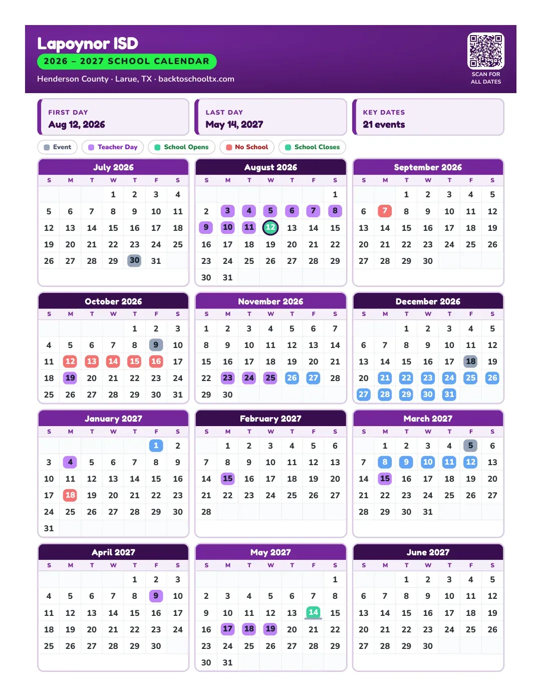 Lapoynor ISD Calendar for the Year 26-27