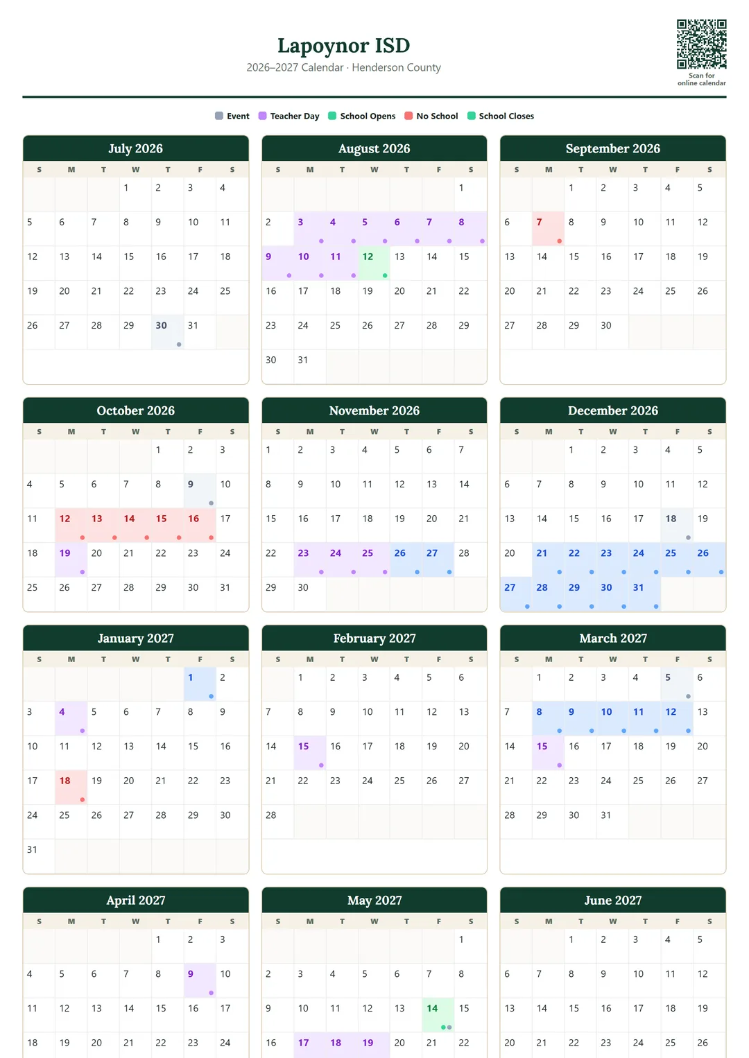 Lapoynor ISD printable 2026–2027 calendar